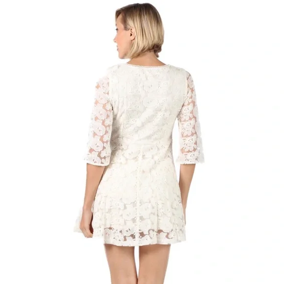 Lace Up Neck Ivory Floral Lace Half Sleeve Dress - Picture 3 of 3